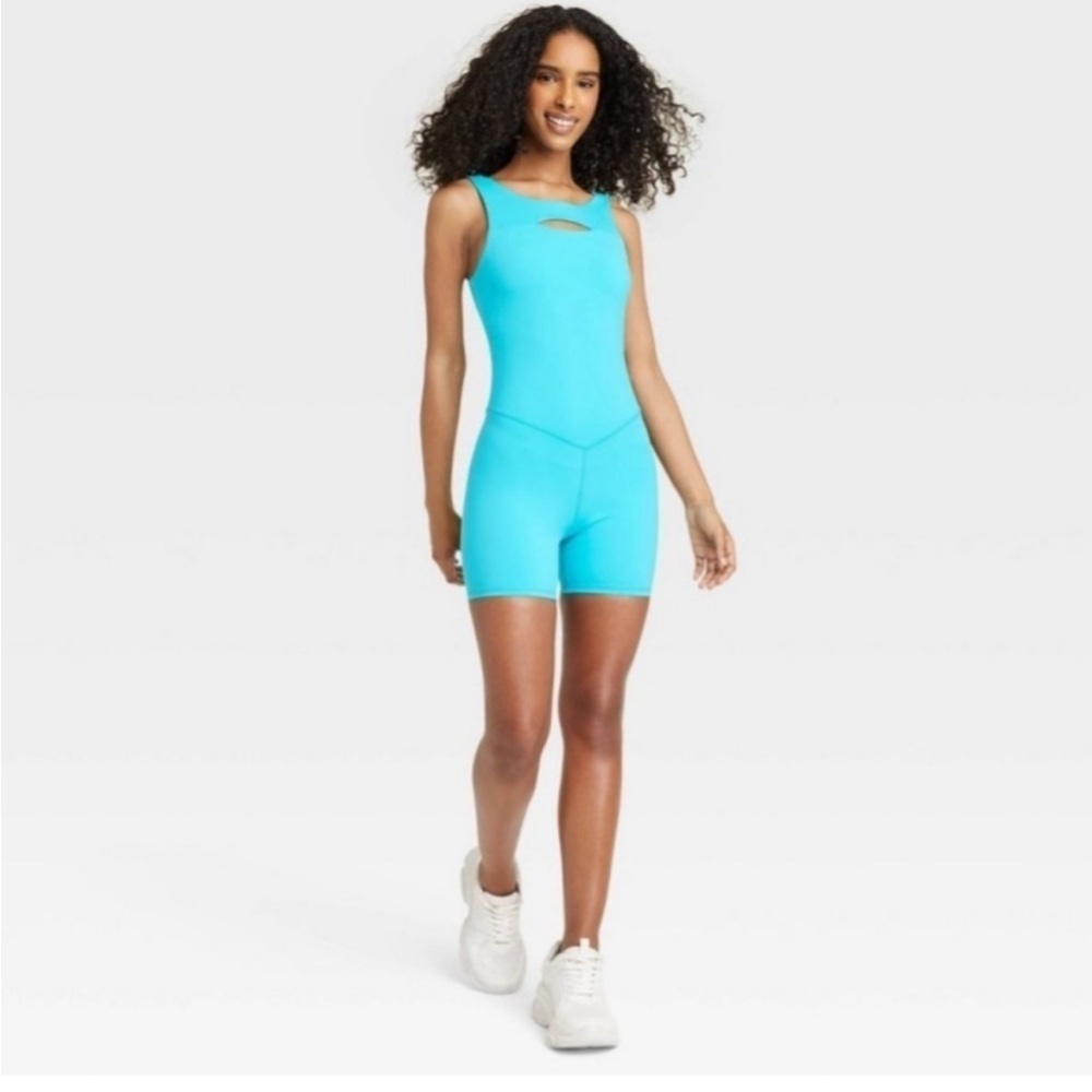 Joy lab bright blue exercise one piece shorts/body suit high neck with open back